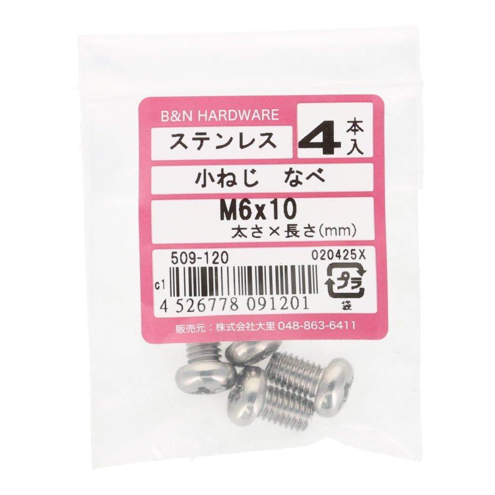 ＯＨＳＡＴＯ　ステン　コネジ　ナベ　Ｍ６&times;１０, ステンレス, 4本入り