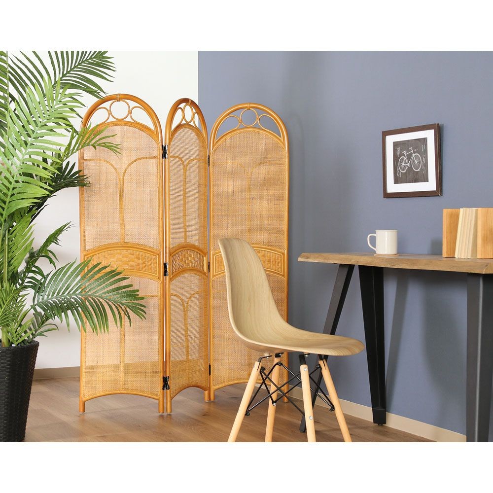 不二貿易 ラタン　スクリーン　３連　ＨＹ【メーカー直送・代引不可】, ナチュラル, 幅1030mm&times;奥行270mm&times;高さ1500mm