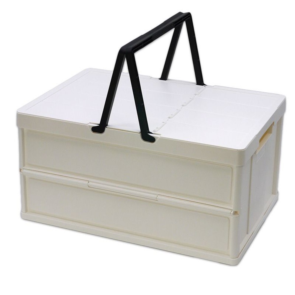 取っ手付　折りたたみコンテナ（フタ付）, ホワイト, 通常