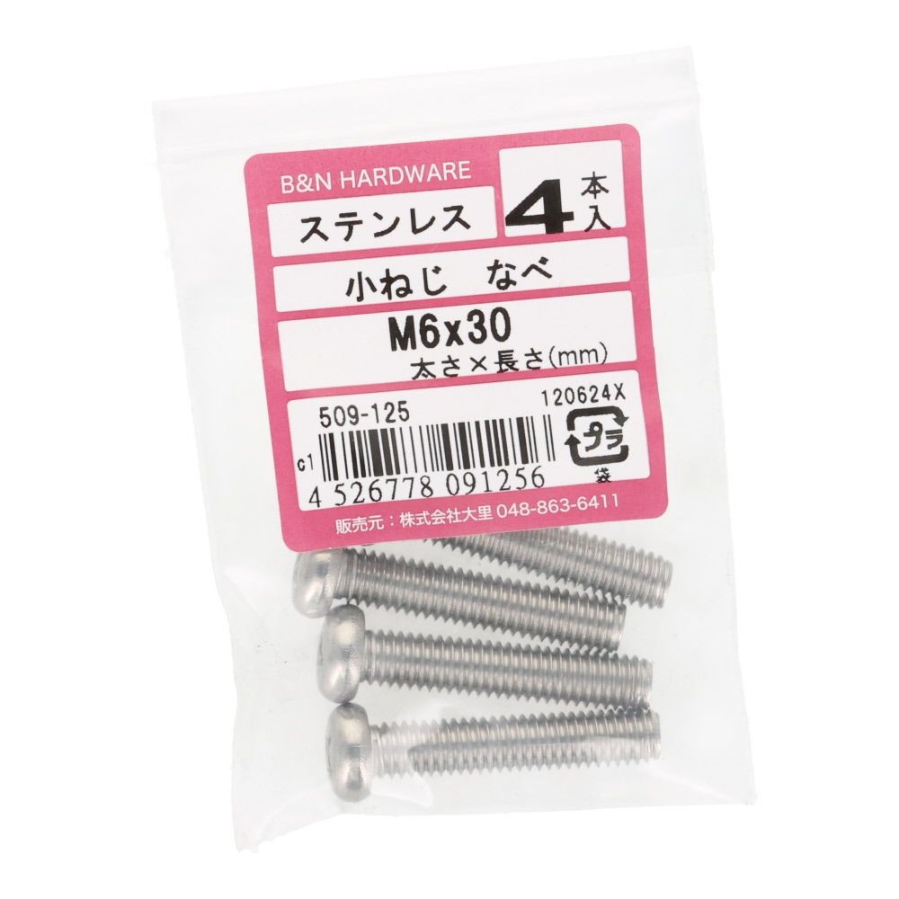 ＯＨＳＡＴＯ　ステン　コネジ　ナベ　Ｍ６&times;３０, ステンレス, 4本入り