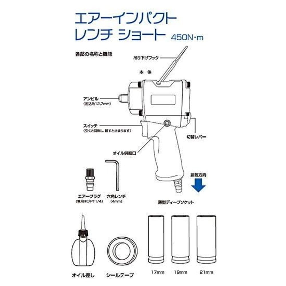 GREATTOOL エアーインパクトレンチセット ショート 450N・m GTAW-S450, ブラック, 450N・m