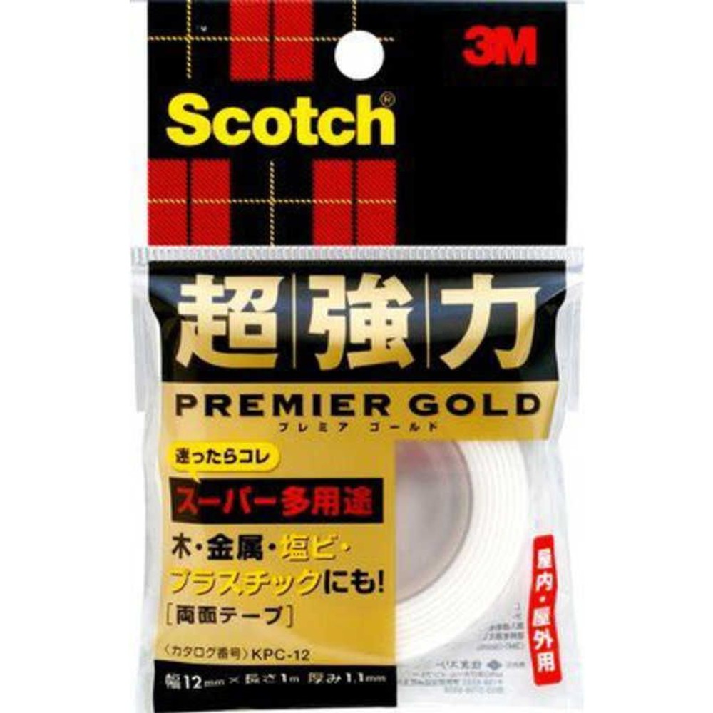 スコッチ超強力両面テーププレミアゴールド, ホワイト, 幅12 mm