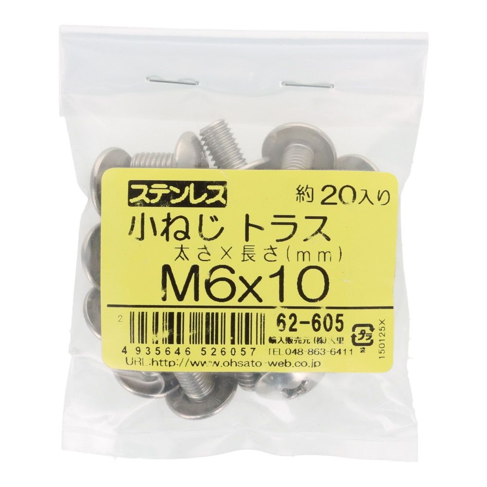 ステンレス　小ねじ　トラス　Ｍ６&times;１０　２０入, ステンレス, 20個入り