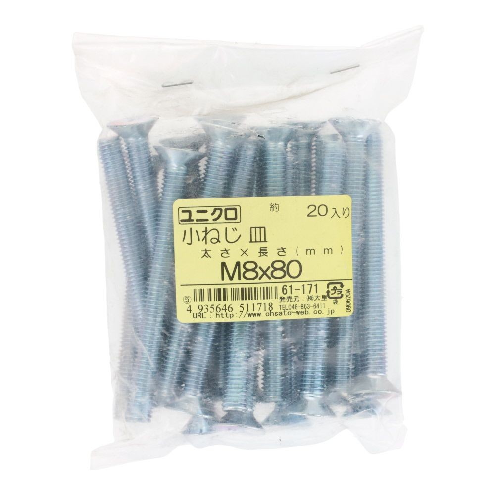 ユニクロ　小ねじ　皿　Ｍ８&times;８０　２０個入り, 小ねじ, M8&times;80