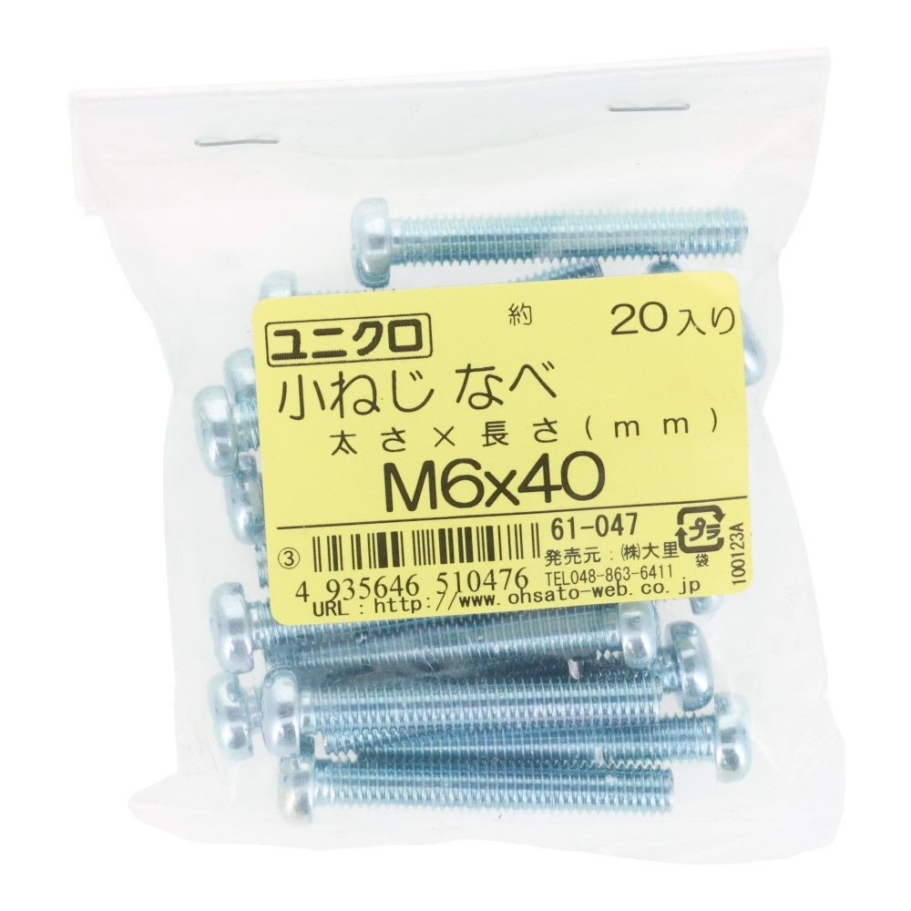ユニクロ　小ねじ　鍋　Ｍ６&times;４０　２０個入り, 小ねじ, M6&times;40