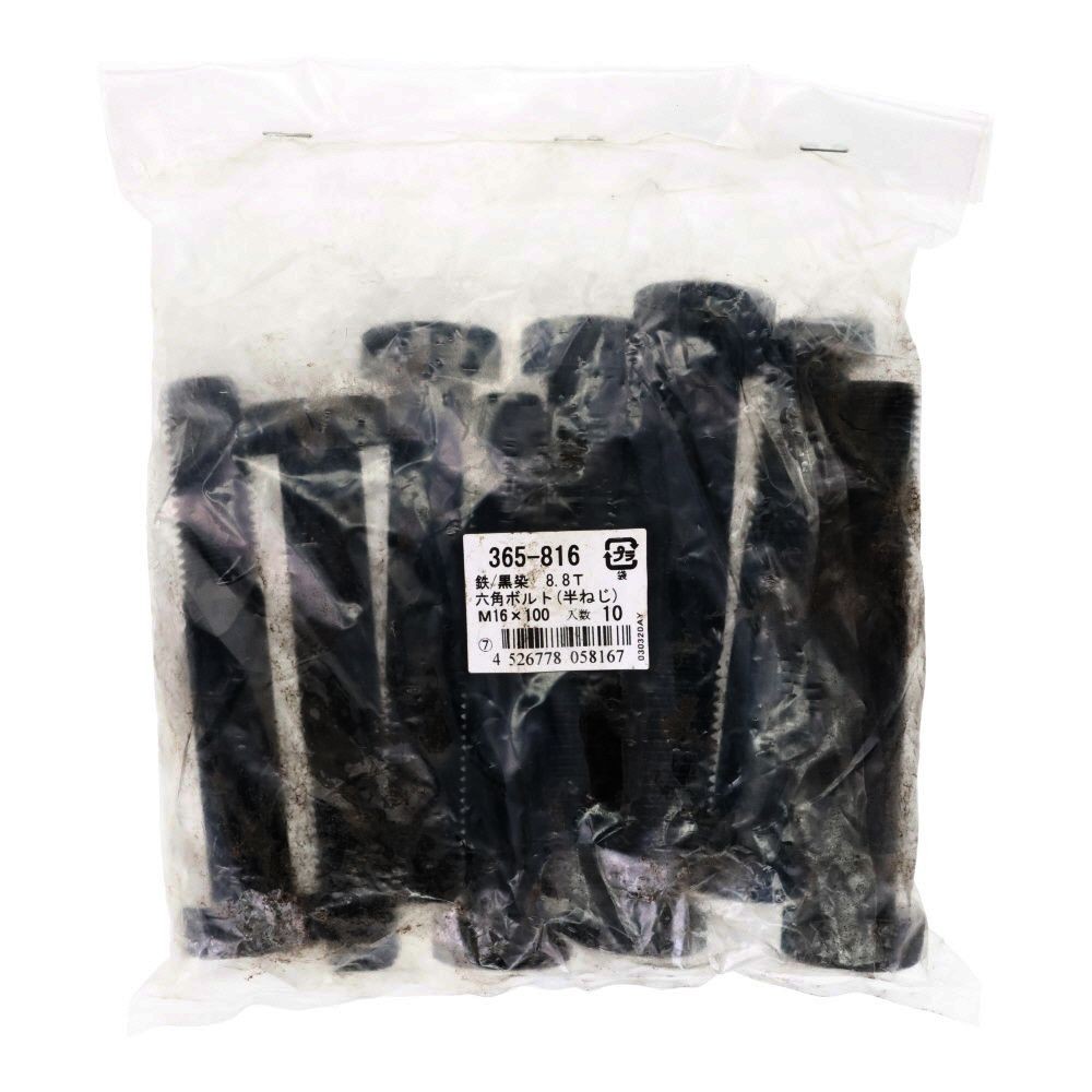 ８．８生地　六角ボルト　１６&times;１００ｍｍ　１０入, 黒, 10個入り