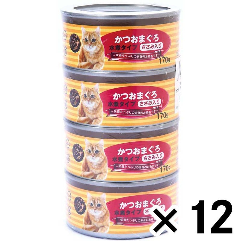 猫の缶詰170ｇ&times;4Ｐかつおまぐろ赤身水煮　ささみ入り &times;12個セット, 水煮タイプ-ささみ入り, 4缶&times;12個セット