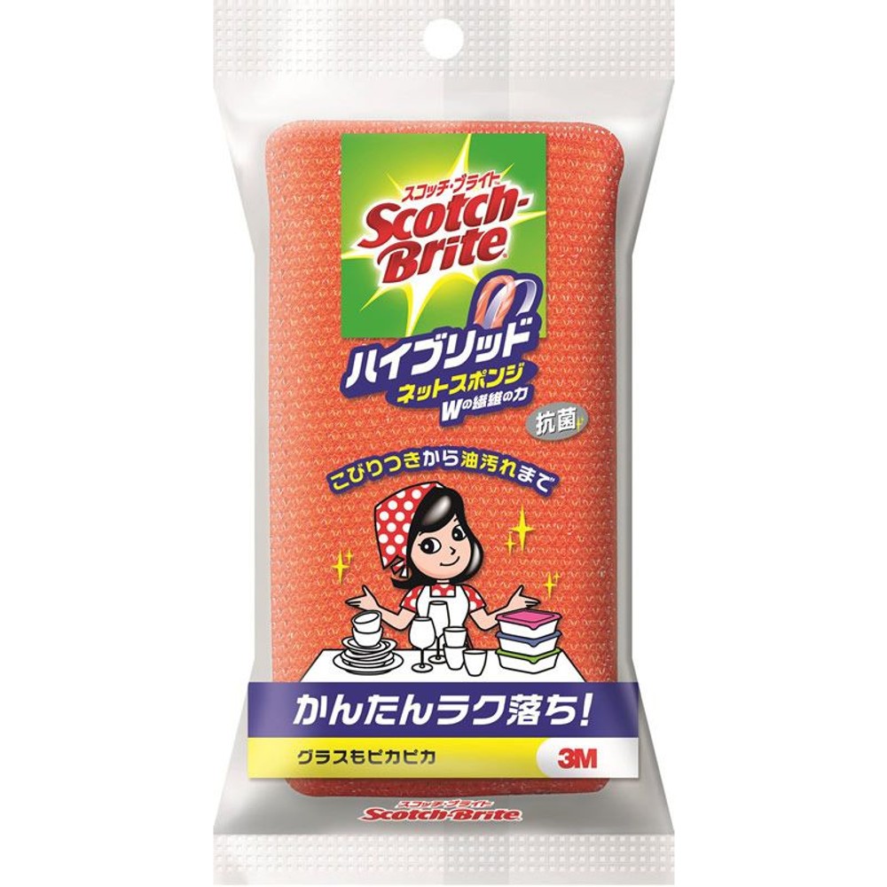 3Ｍ　ハイブリッドネットスポンジ, オレンジ, 70&times;135&times;29mm