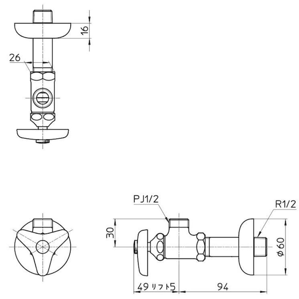 SANEI 止水栓本体 共用形 JV22A-X2A-13, 一般地・寒冷地共用, 止水栓