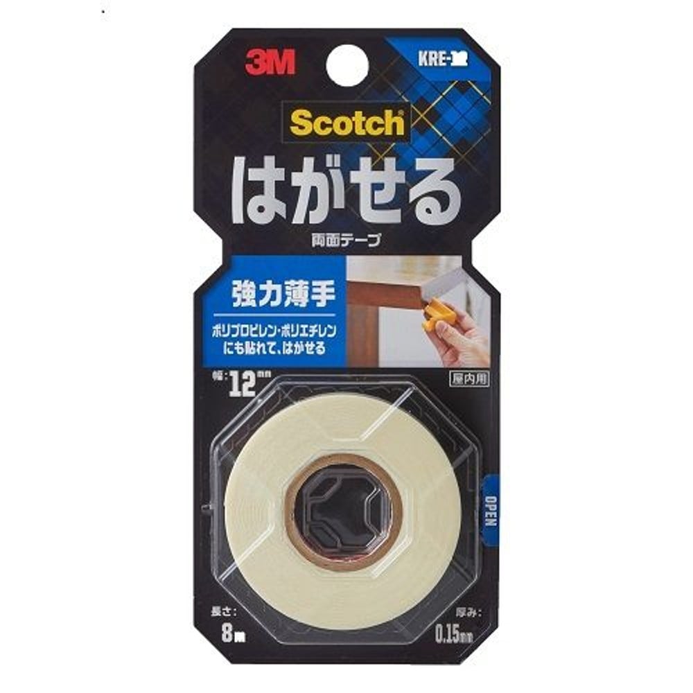 3M スコッチ はがせる両面テープ 強力薄手 12mm&times;8m KRE-12, 白, 薄手 幅12mm&times;長さ8m