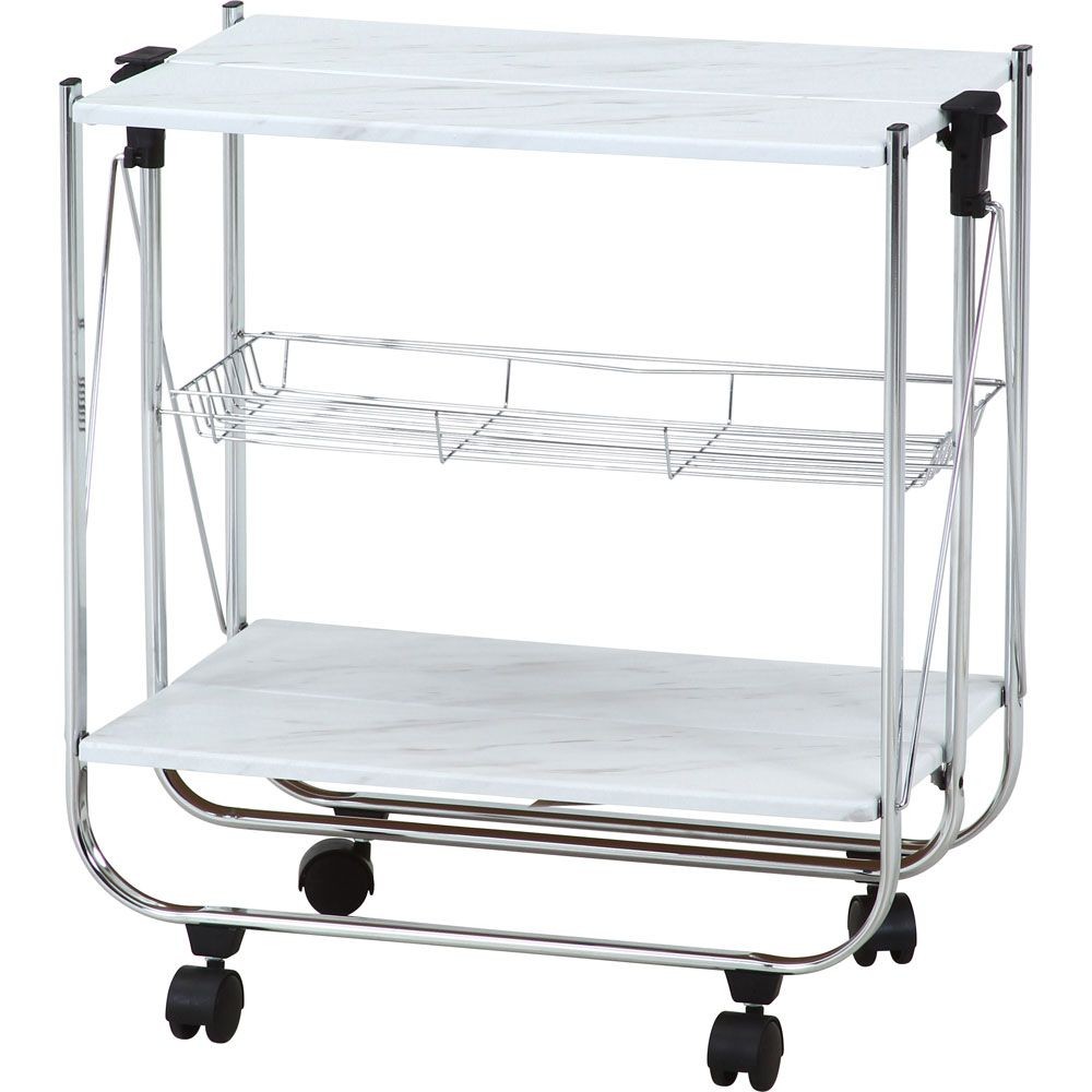 不二貿易 大理石柄フォールディングワゴン【メーカー直送・代引不可】, ホワイト, 幅680mm&times;奥行400mm&times;高さ700mm