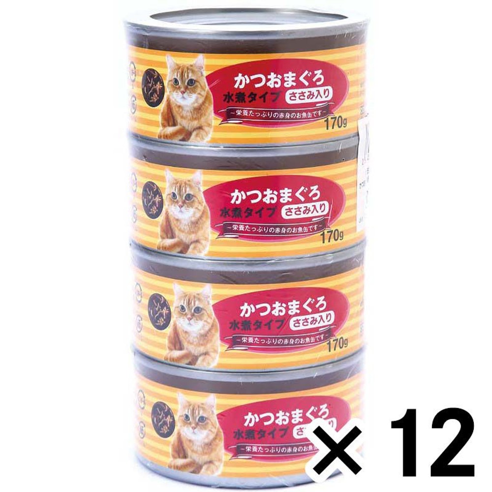 猫の缶詰170ｇ×4Ｐかつおまぐろ赤身水煮　ささみ入り ×12個セット, 水煮タイプ-ささみ入り, 4缶×12個セット