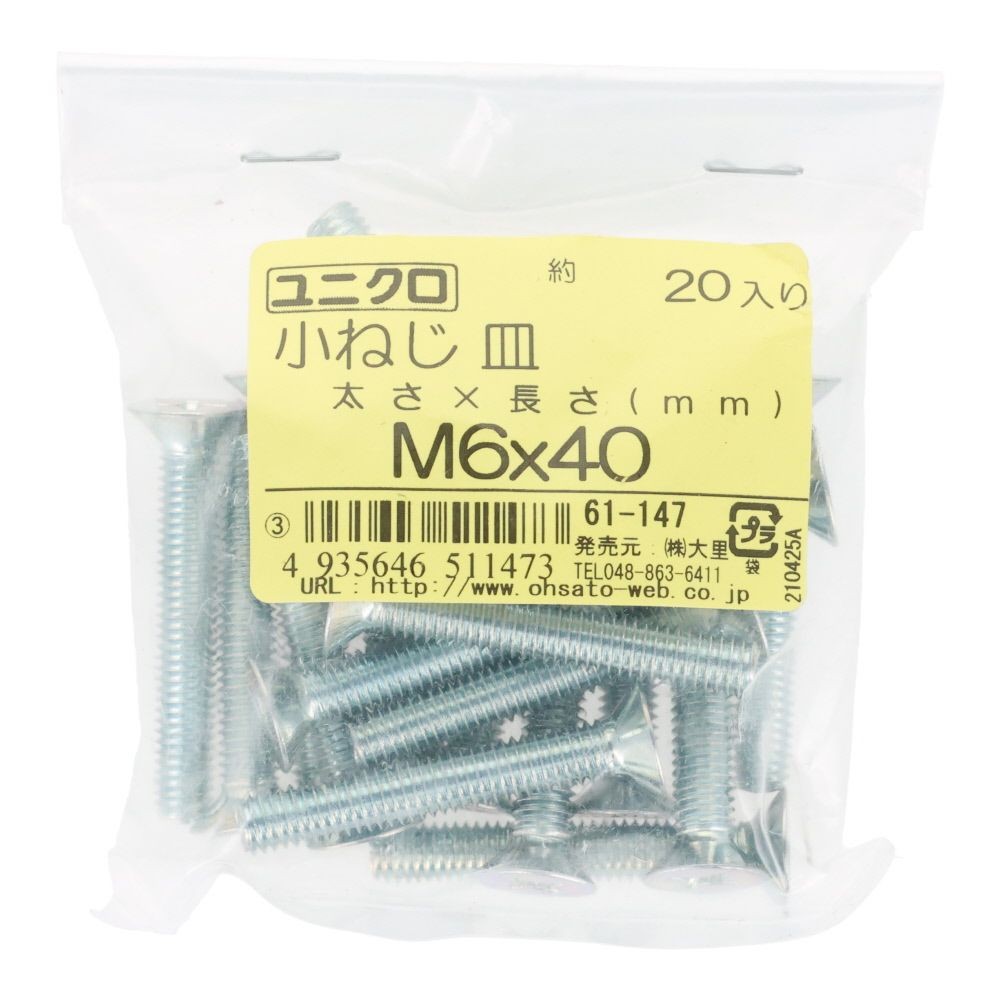 ユニクロ　小ねじ　皿　Ｍ６&times;４０　２０個入り, 小ねじ, M6&times;40