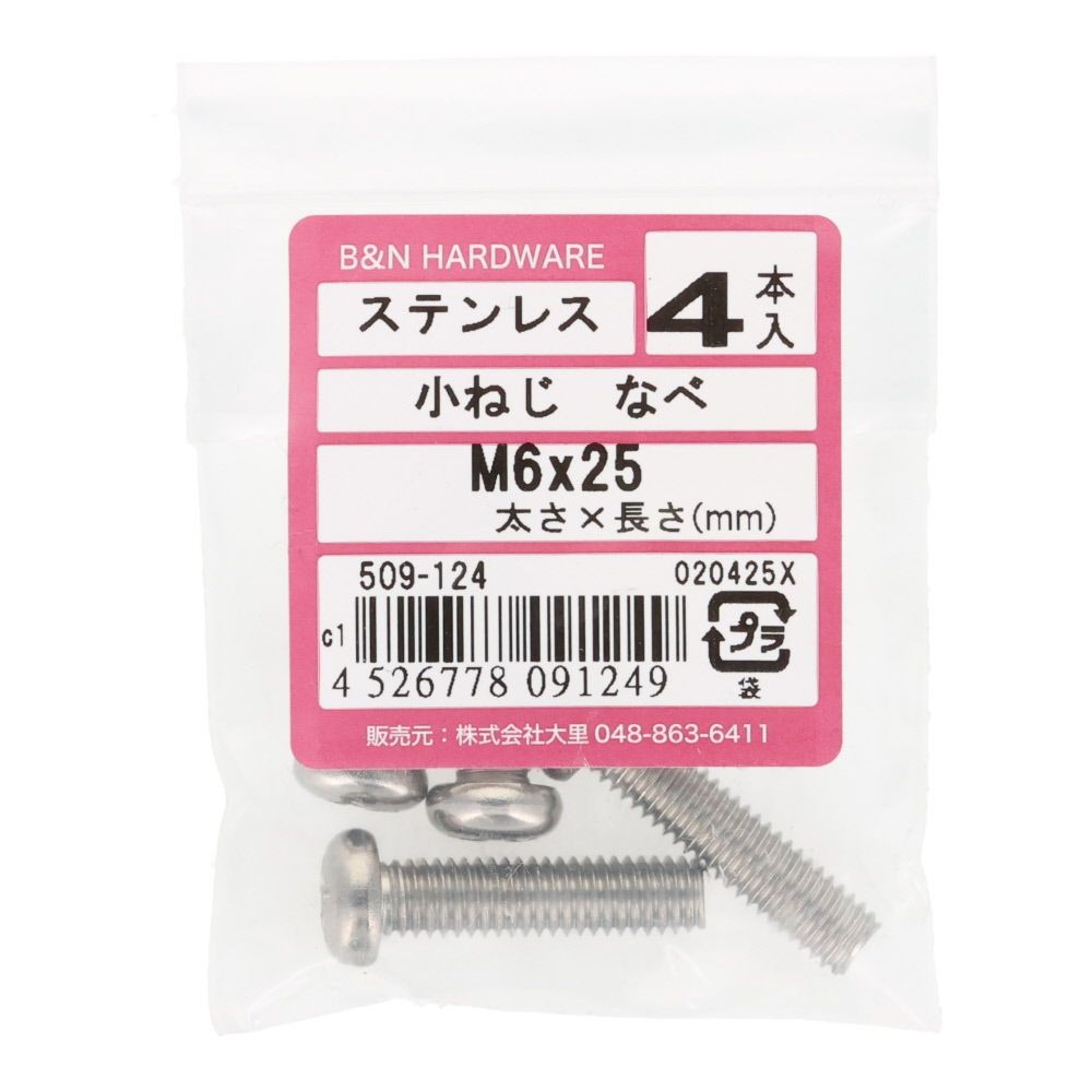 ＯＨＳＡＴＯ　ステン　コネジ　ナベ　Ｍ６&times;２５, ステンレス, 4本入り