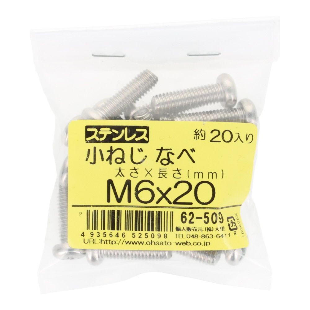 ステンレス　小ねじ鍋　Ｍ６&times;２０　２０個入, ステンレス, M6&times;20