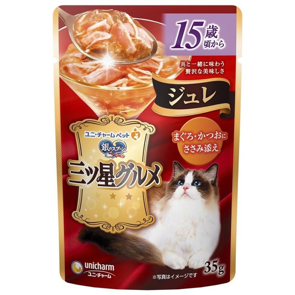 ユニチャーム　三ツ星パウチジュレ　15歳ささみ　35ｇ, まぐろかつおささみ添え, 35g