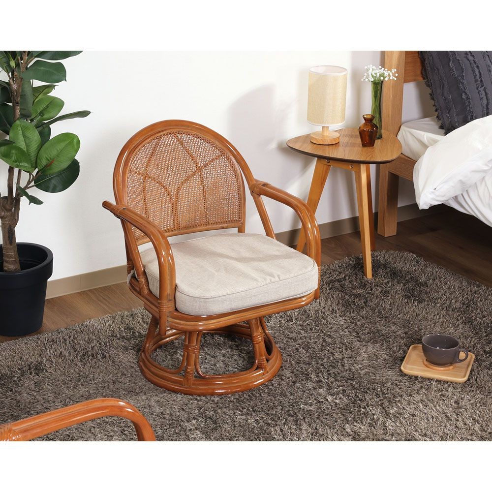 不二貿易 ラタン　回転チェア（ミドル）　ＬＢＲーＫＤ　１ＰＣ梱包【メーカー直送・代引不可】, ライトブラウン, 幅510mm&times;奥行540mm&times;高さ680mm