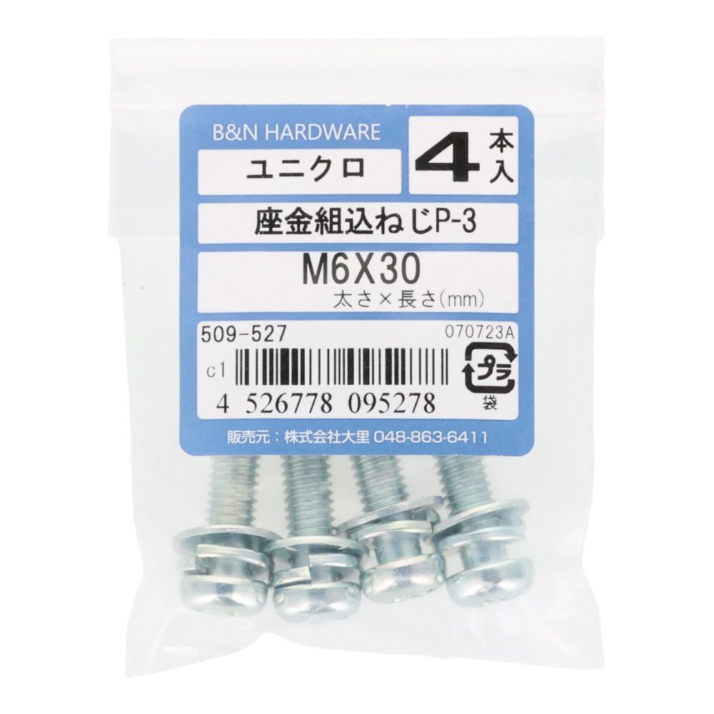 座金組込ねじ　Ｐー３　ユニクロ　Ｍ６&times;３０　４本入, ねじ, M6&times;30