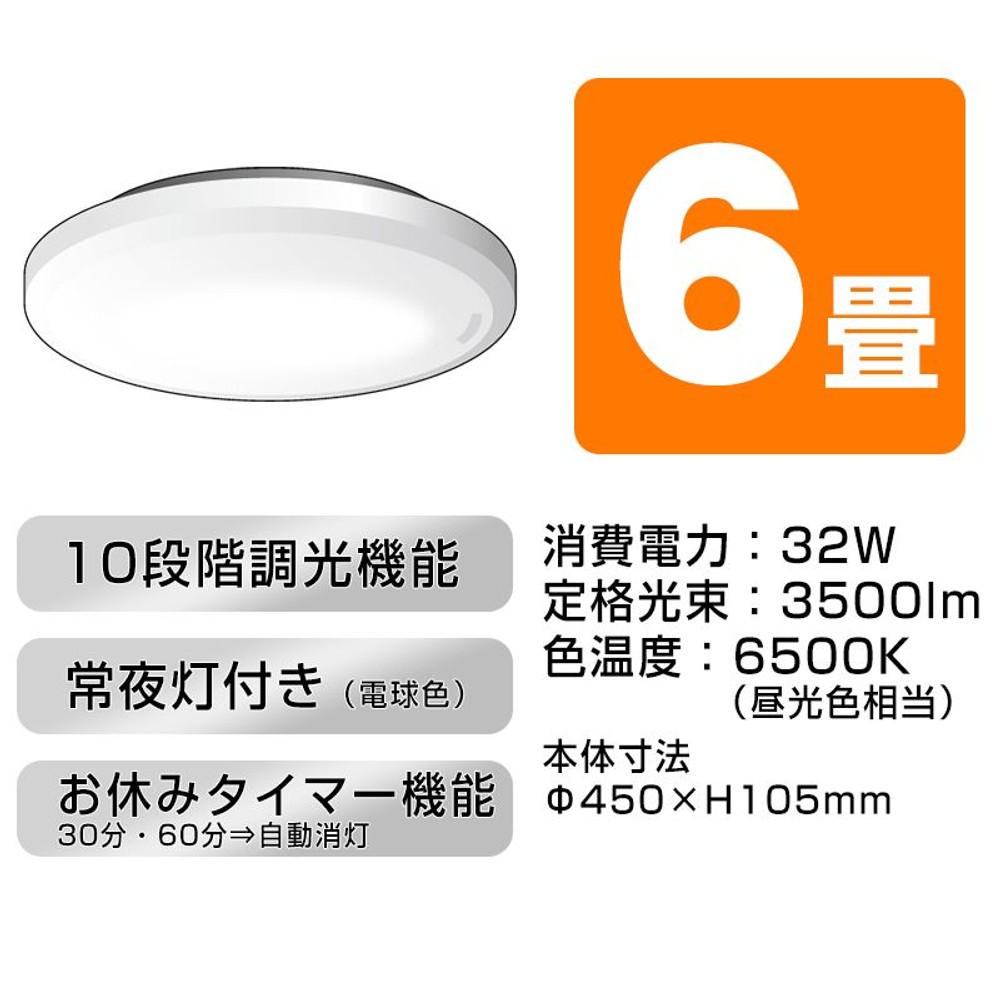 ヤザワ ＬＥＤシーリングライト, 調光機能付き-6畳, 6畳