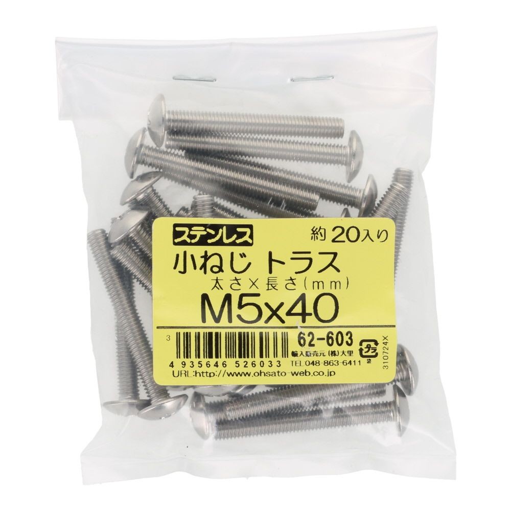 ステンレス　小ねじ　トラス　Ｍ５&times;４０　２０入, ステンレス, 20個入り