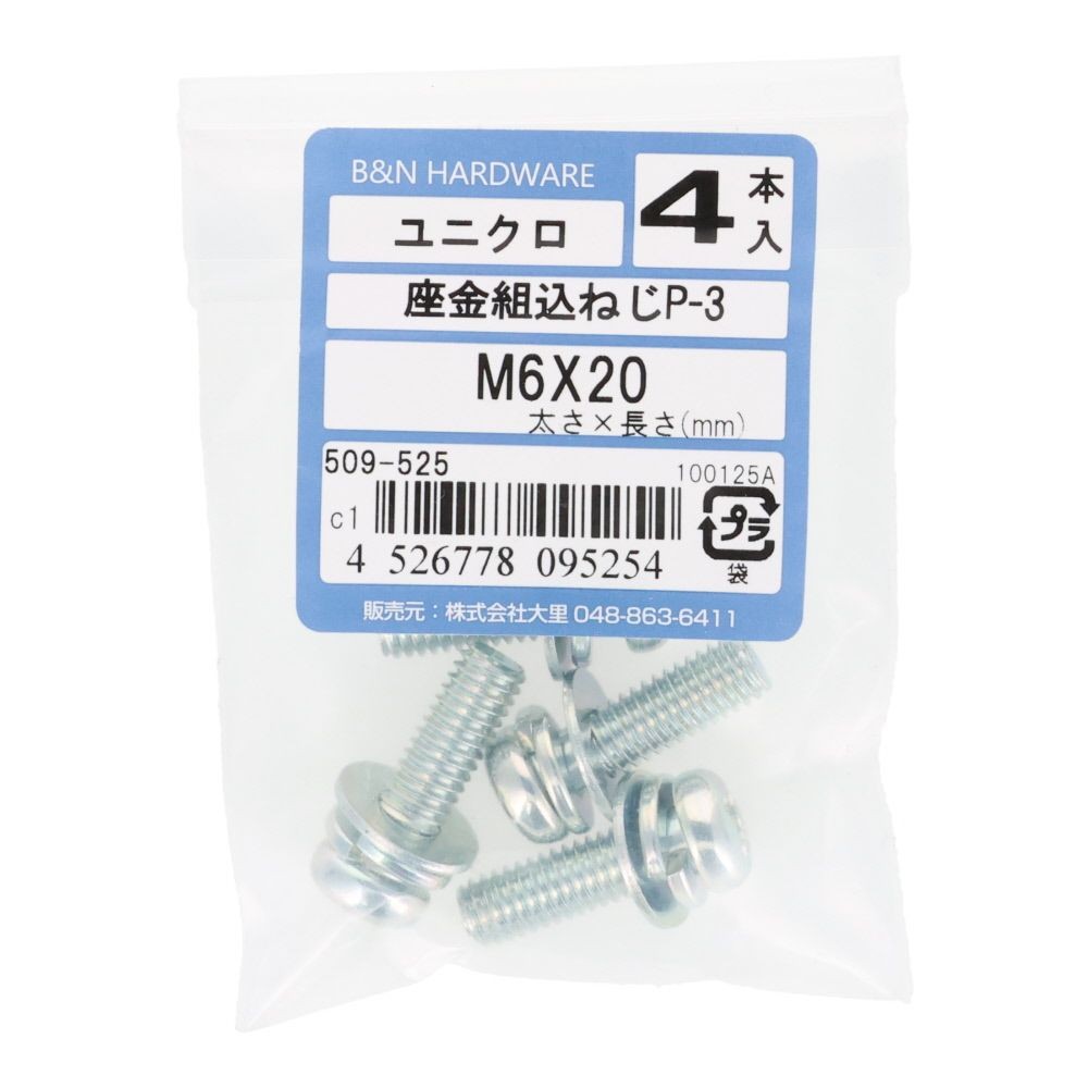 座金組込ねじ　Ｐー３　ユニクロ　Ｍ６&times;２０　４本入, ねじ, M6&times;20