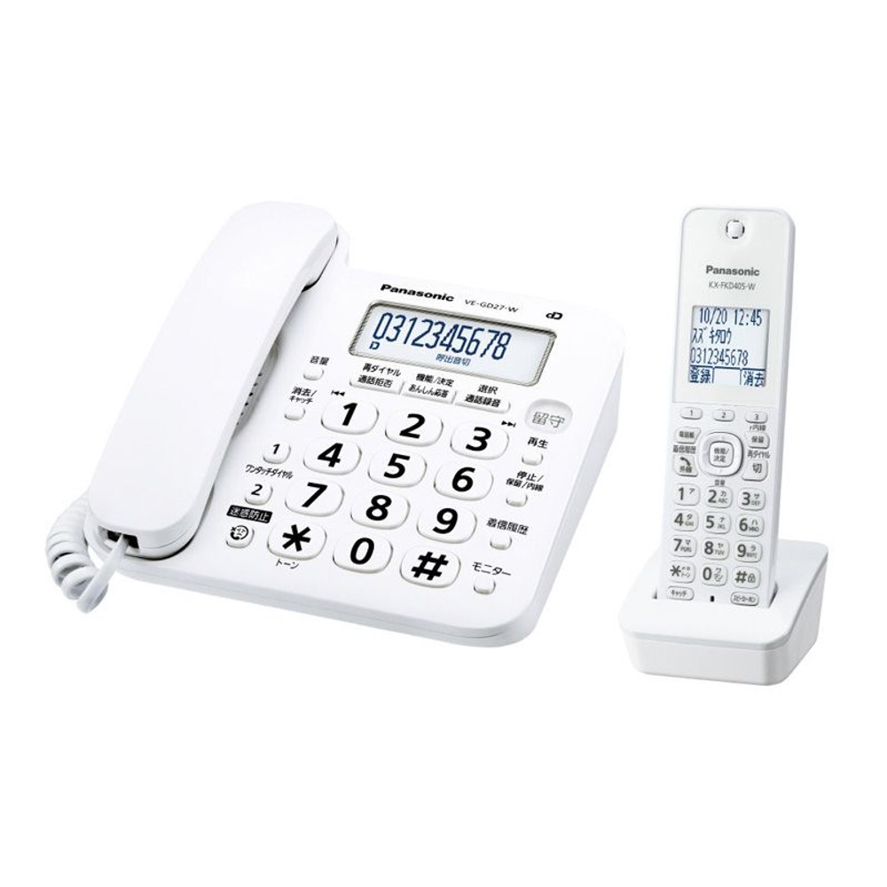 パナソニック　子機付きコードレス電話　VE‐GD27DL‐W, ホワイト, VE‐GD27DL‐W