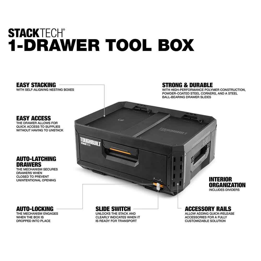 TOUGHBUILT（タフビルト）STACK TECH(スタックテック) 　1段引き出しツールボックス, ブラック, TB-B1-D-30-1
