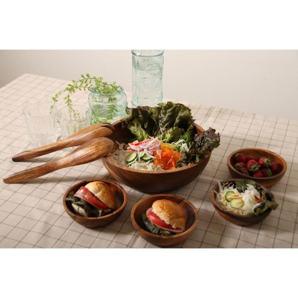 不二貿易  アカシアボウルセット（スプーン＆フォーク付）Ｂラウンド 【メーカー直送・代引不可】, Bタイプ, ラウンド