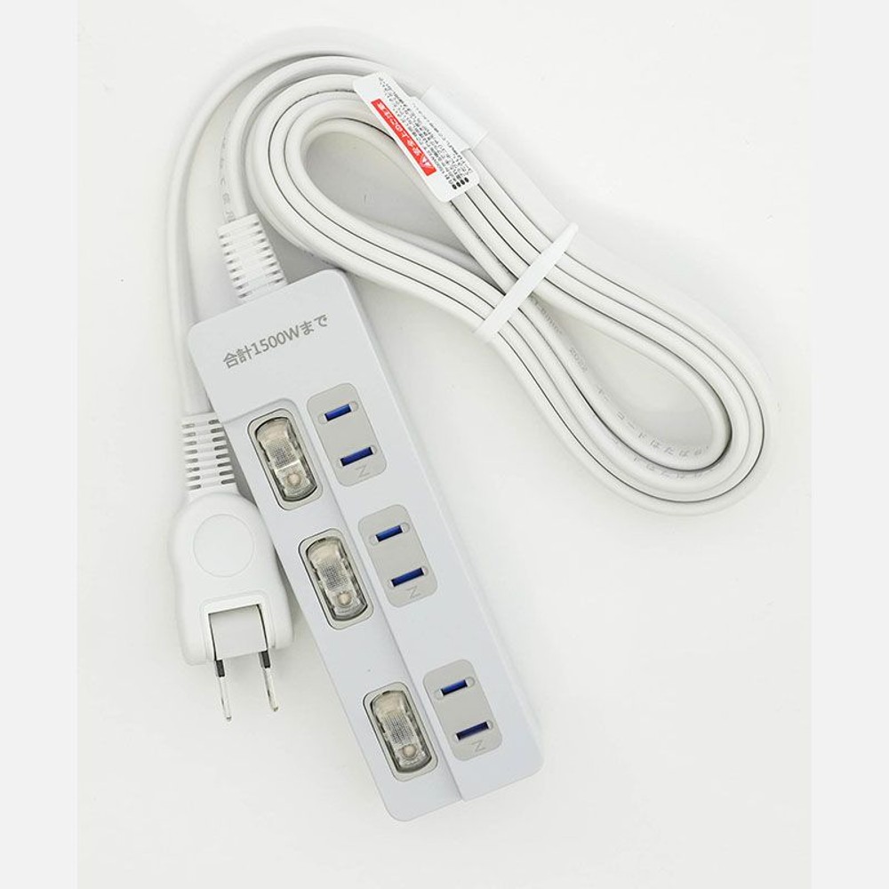 断線に強い個別スイッチ付3個口タップ　3ｍ, ホワイト, 3.0m