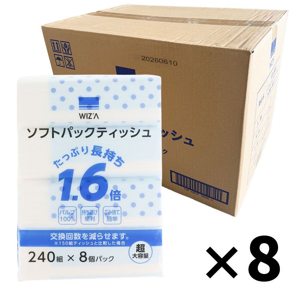 【送料込み価格】WIZ'A ウィザ　ソフトパックティシュ２４０Ｗ&times;８個　1ケース, ソフトパックティシュ, 240組&times;8個　1ケース