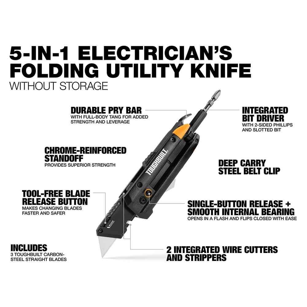 TOUGHBUILT（タフビルト）　5in1 電工用フォールディングユーティリティナイフ　TB-H4-12-IM , 黒, TB-H4-12-IM