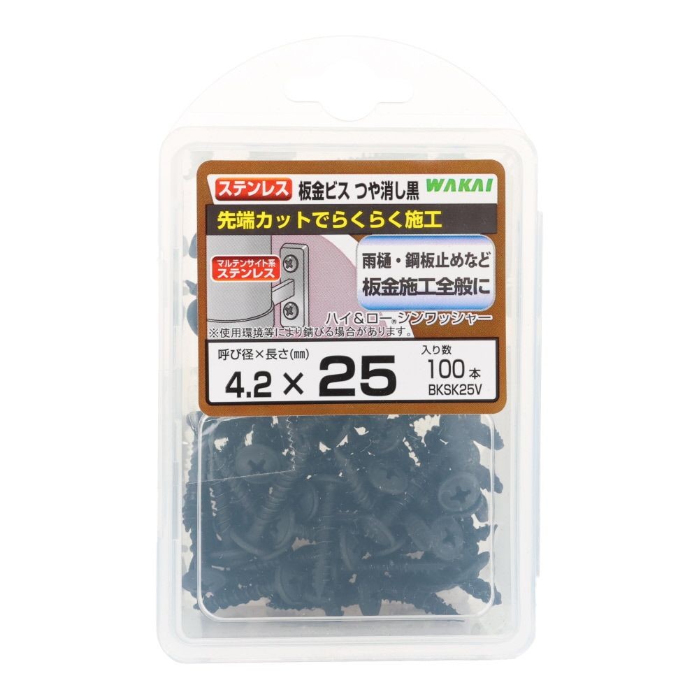 若井産業（WAKAI）　ステンレス板金ビス　ツヤケシ黒　２５ｍｍ　１００本, つや消し黒, 100本入り