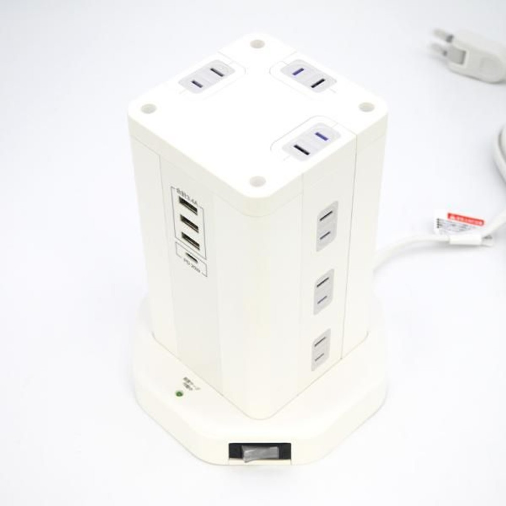 タワー型タップ ＵＳＢ4ポート ＡＣ12個口　3ｍ, ホワイト, その他サイズ１