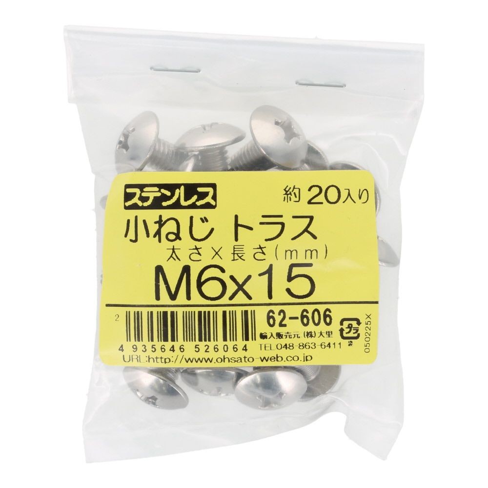 ステンレス　小ねじ　トラス　Ｍ６&times;１５　２０入, ステンレス, 20個入り