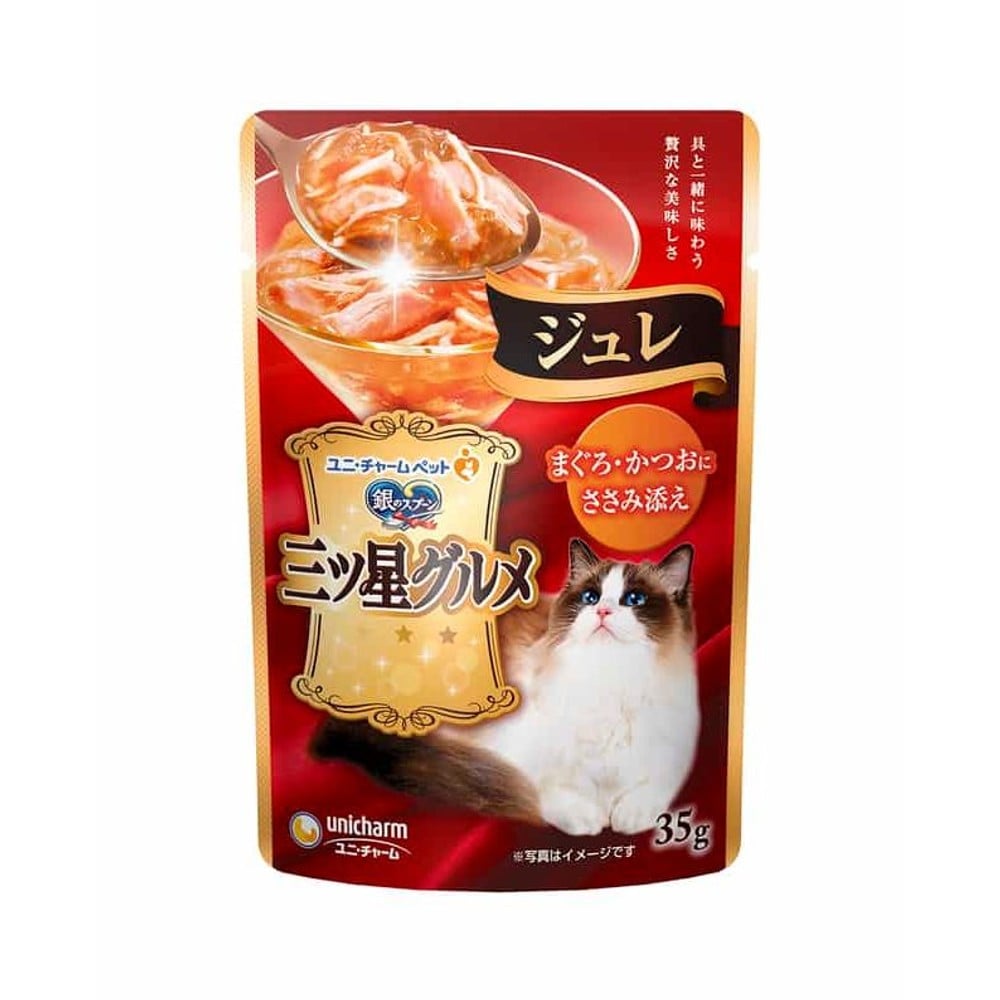 ユニ・チャーム 銀のスプーン三ツ星グルメパウチ ジュレまぐろ・かつおにささみ添え35g, まぐろ・かつおにささみ添え, 35g