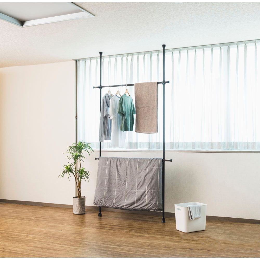 【数量限定】突っ張りハンガー ２段横伸縮 BK TH75-2WH, ブラック, 幅75〜120cm&times;高さ200〜280cm