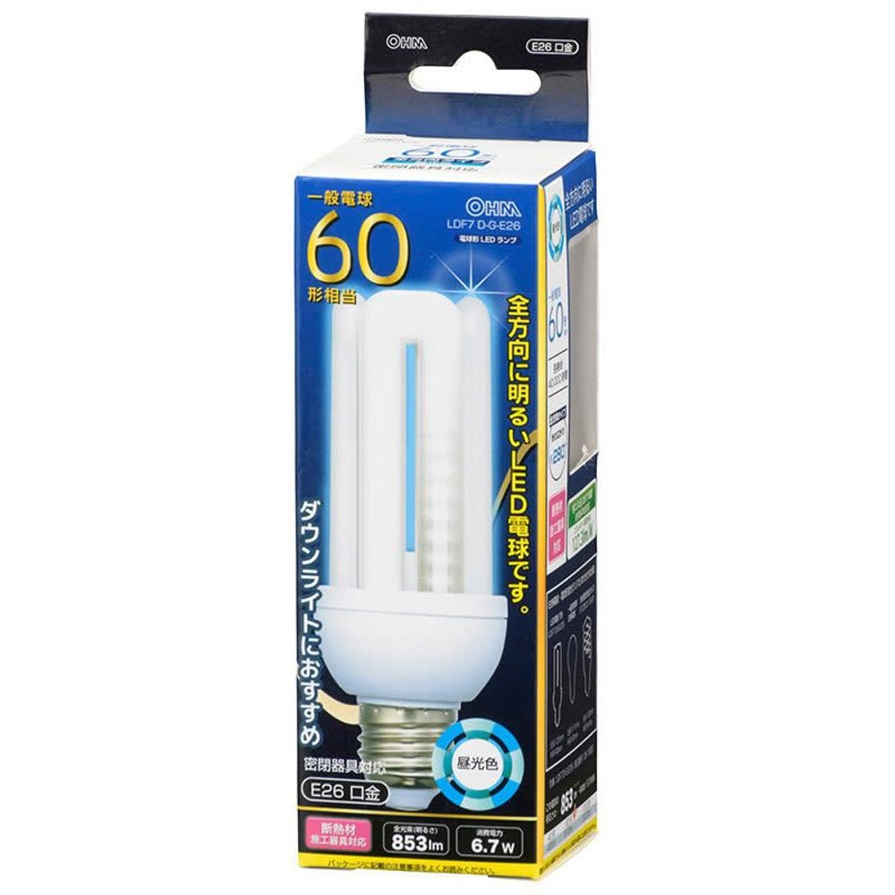 ＯＨＭ　ＬＥＤ電球　Ｄ形　Ｅ２６　６０形相当, 電球色, 60W形