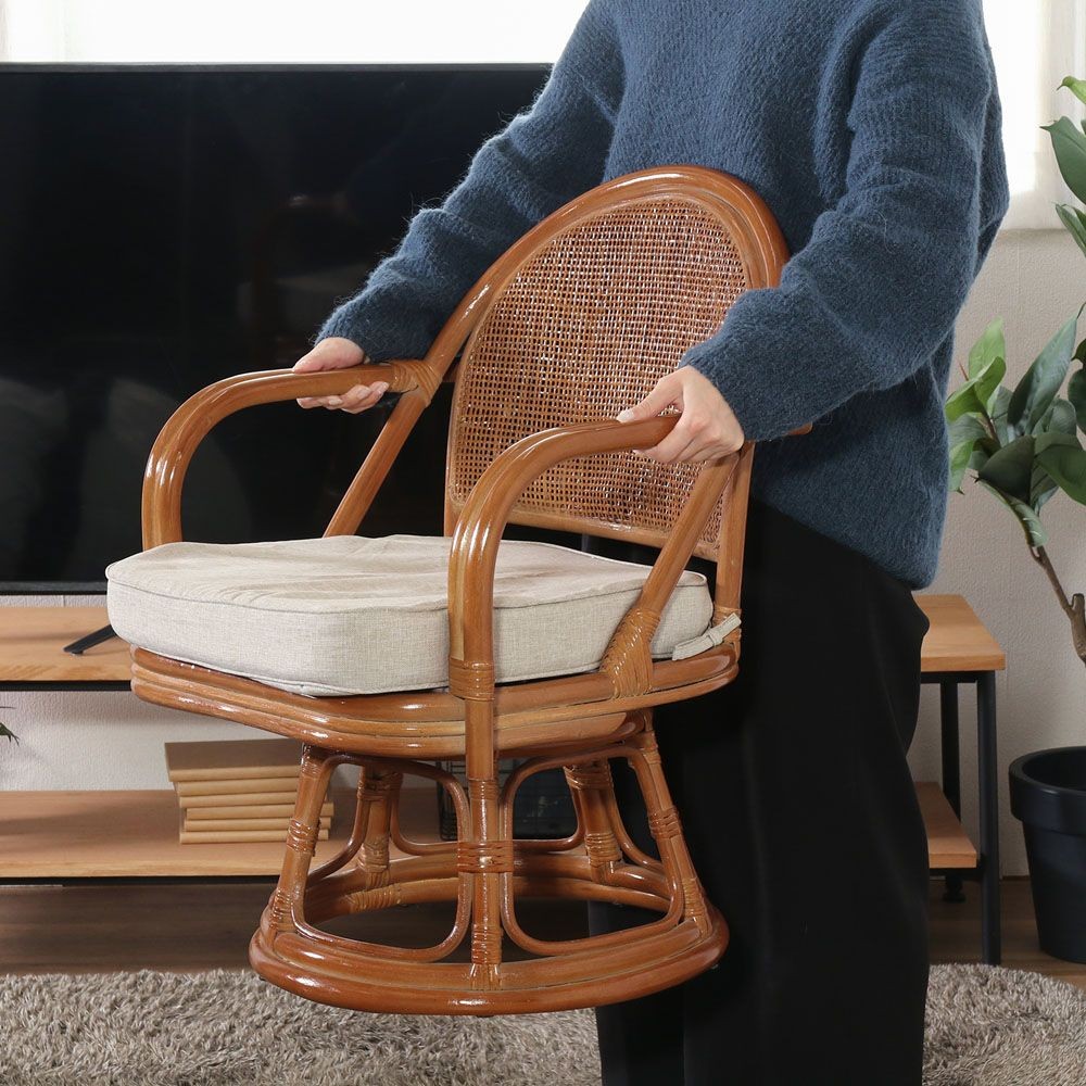 不二貿易 ラタン　回転チェア（ミドル）　ＬＢＲーＫＤ　１ＰＣ梱包【メーカー直送・代引不可】, ライトブラウン, 幅510mm&times;奥行540mm&times;高さ680mm