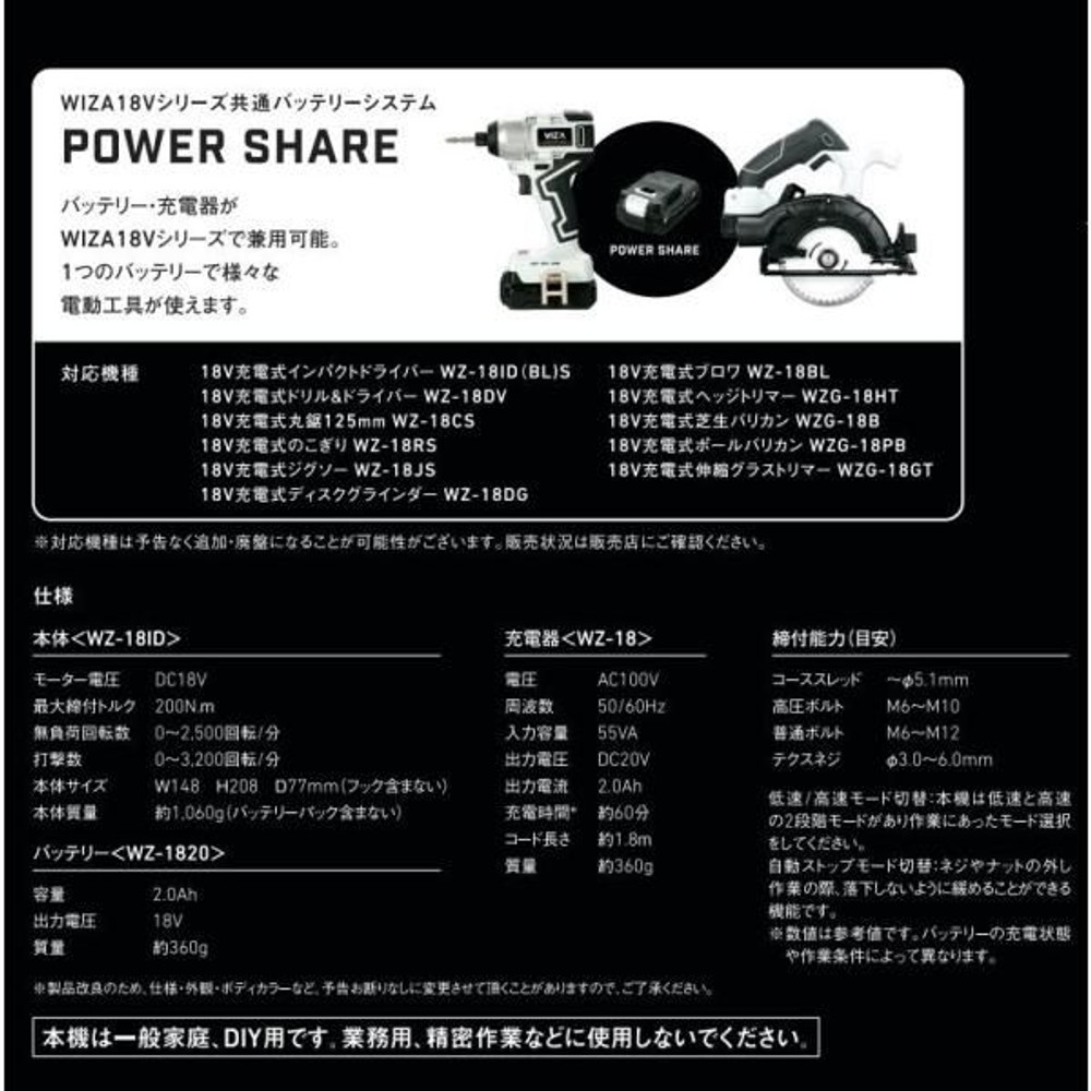 ウイザ WIZ'A  18Ｖ充電式インパクトドライバ  WZ-18IDBLS （バッテリー・充電器付）, ブラック＋ホワイト, バッテリー・充電器セット