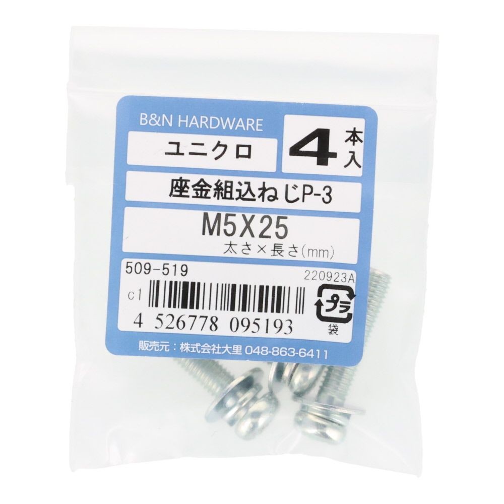 座金組込ねじ　Ｐー３　ユニクロ　Ｍ５&times;２５　４本入, ねじ, M5&times;25