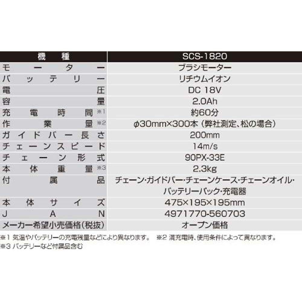 【現行品】工進充電式チェンソーＳＣＳー1820, ホワイト, ＳＣＳー1820