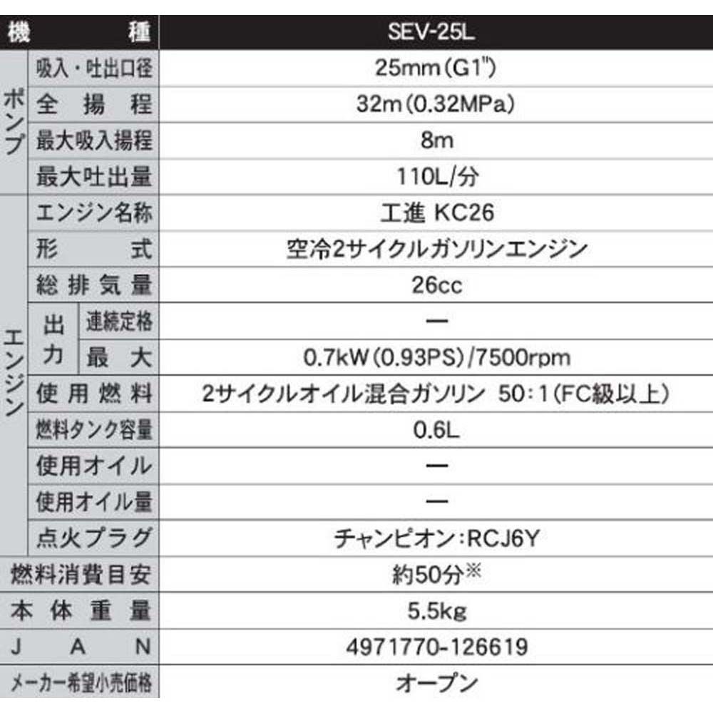 【現行品】工進エンジンポンプ25ｍｍ　ＳＥＶー25Ｌ, その他カラー１, その他サイズ１