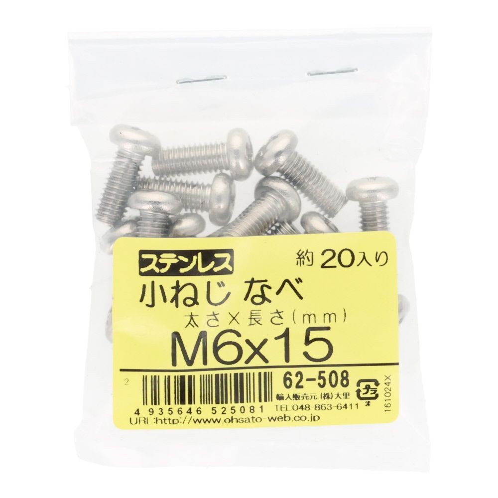 ステンレス　小ねじ鍋　Ｍ６&times;１５　２０個入, ステンレス, M6&times;15