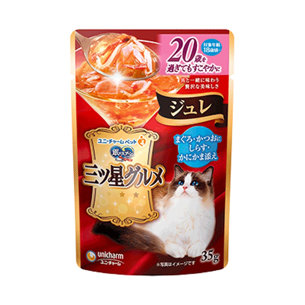 ユニチャーム　三ツ星パウチジュレ　20歳しらす　35ｇ, 鮪・鰹しらす・かにかま添え, 35g