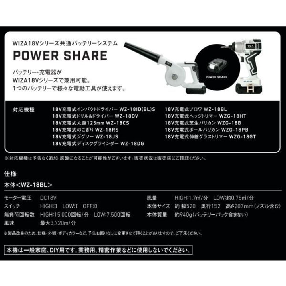 ウイザ WIZ'A 18V 充電式ブロワー WZ-18BL 本体のみ, ホワイト, 本体のみ