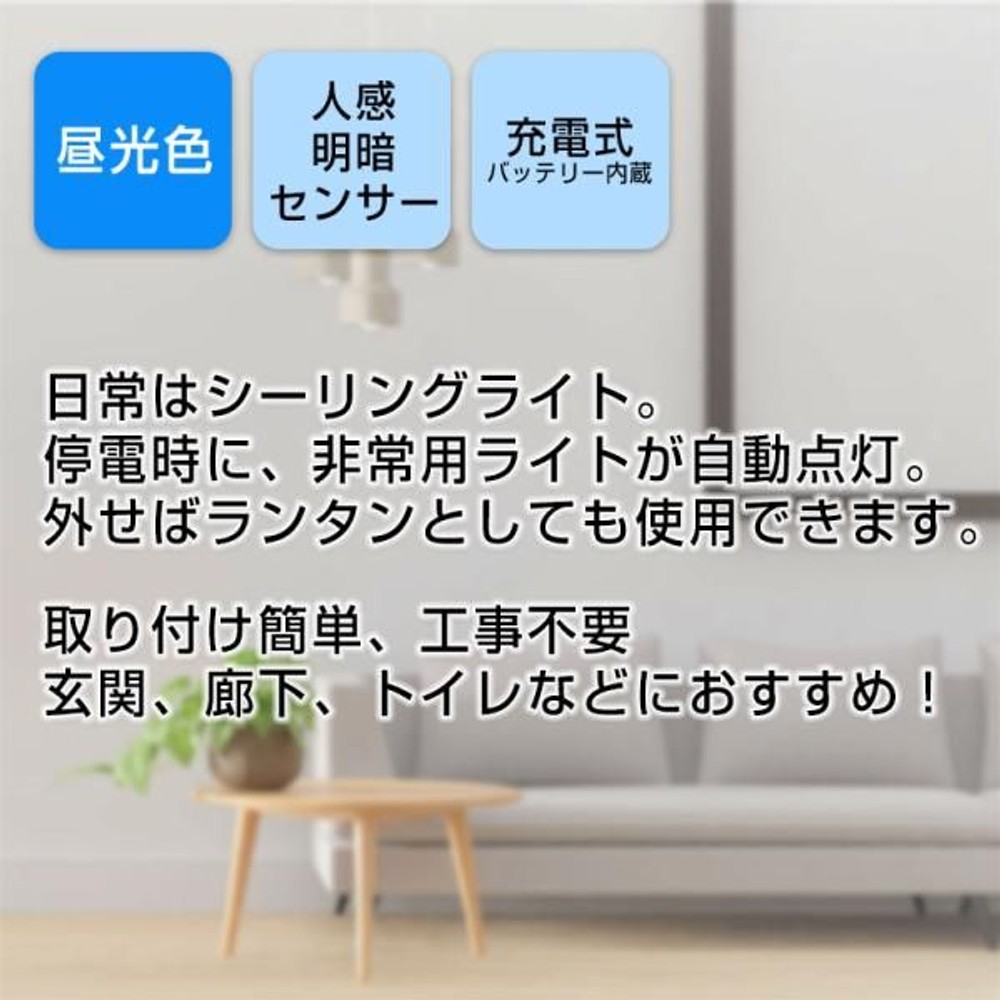 停電時に自動点灯する 人感・明暗センサー式 ミニシーリングライト 60W形相当, 昼光色, シーリング約810lm・ランタン約80lm