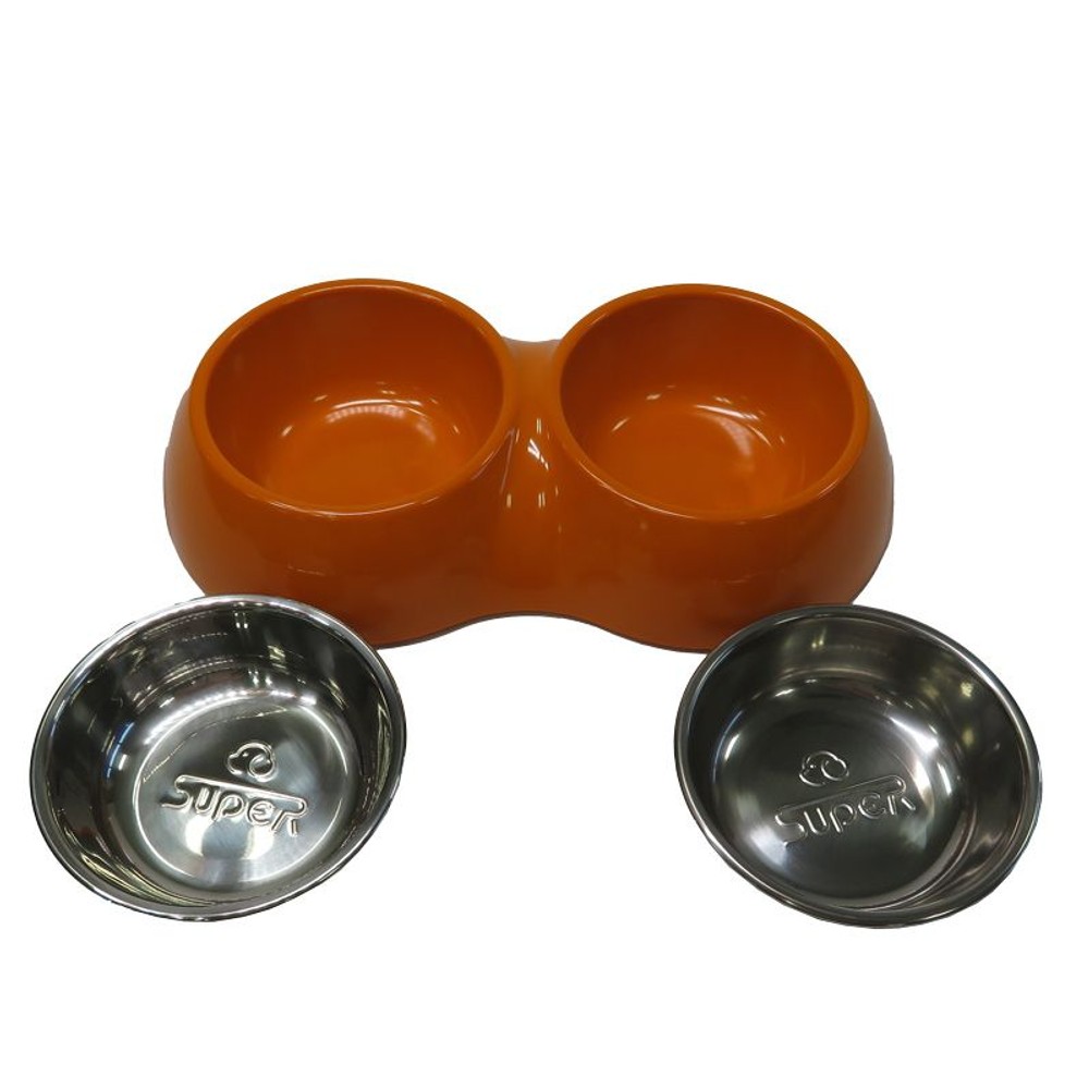 ペット用メラミンツイン食器ステンボウル付き, オレンジ, Sサイズ