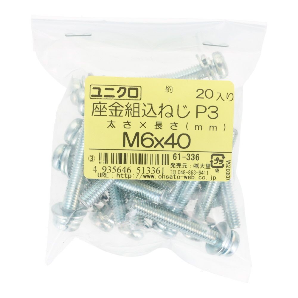 ユニクロ　座金組込ねじ　Ｐー３　Ｍ６&times;４０　２０個入り, ねじ, M6&times;40