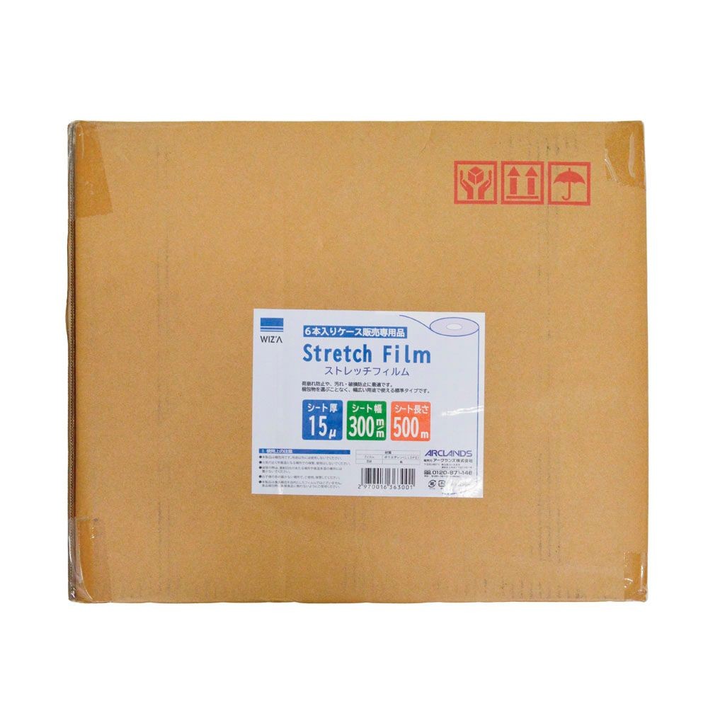 【6本入りケース販売専用品】WIZ'A ウィザ ストレッチフィルム 15μ 300ｍｍ×500ｍ, 15ミクロン, 幅300mm×長さ500m 6本入り
