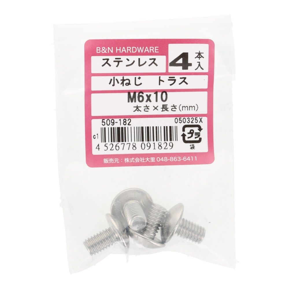 ＯＨＳＡＴＯ　ステン　コネジ　トラス　Ｍ６&times;１０, ステンレス, 4本入り